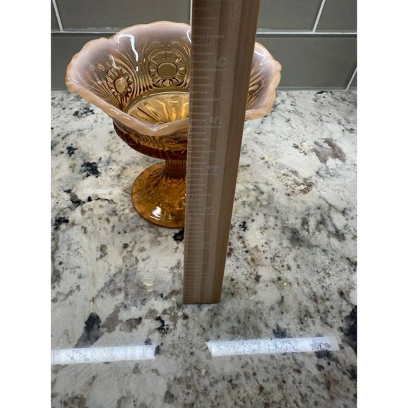 Vitg Fenton Amber Opalescent Glass Compote Candy Dish Cameo Eye & Scroll Design - Picture 4 of 12